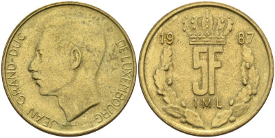 Люксембург 5 франков 1987 Великий герцог Жан (1964-1999) KM 60 алюминиевая бронза 4150-931