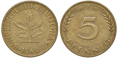 ФРГ 5 пфеннигов 1969 J KM 107, J.382 сталь плакированная латунью 4174-522