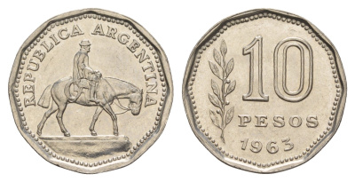 Аргентина 10 песо 1963 Гаучо KM 60 сталь плакированная никелем 4656-1141