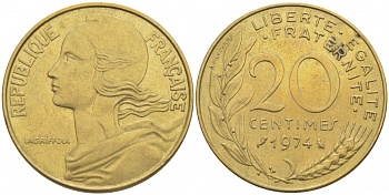 ФРАНЦИЯ 20 САНТИМОВ 1974 ТИП MARIANNE KM 930, LE FRANC 156.14 алюминиевая бронза 4402-954