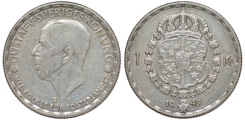 Швеция 1 крона 1942 G, Густав V (1907-1950) KM 814 серебро 4178-656