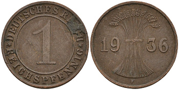 Германия 1 рейхспфенниг 1936 F KM 37, J. 313 бронза 4124-914