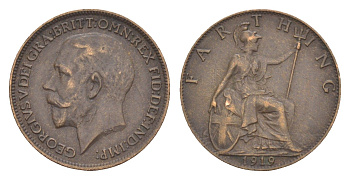 Великобритания 1 фартинг 1919 Георг V (1910-1936) KM 808.2, Spink 4060 бронза 4643-841