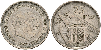 Испания 25 песет 1957 (58) Франсиско Франко (1939 - 1975) KM 787 медно-никель 4149-1022