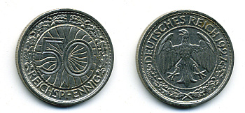 Германия 50 рейхспфеннигов 1927 A KM 49, J. 324 никель 58-143