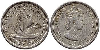 Британские Восточно-Карибские территории 10 центов 1956 Елизавета II (1952-2022), парусник KM 5 медно-никель 4387-543