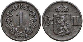 НОРВЕГИЯ 1 ЭРЕ 1893 ШВЕДСКОЕ ПРАВЛЕНИЕ (1814-1905) KM 352 бронза 4549-1156