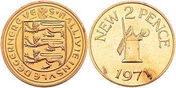 Гернси 2 пенса 1971 Елизавета II (1952-2022), ветряная мельница, тираж 10000 экз. KM 22 бронза PROOF 4583-212