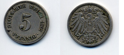 ГЕРМАНИЯ 5 ПФЕННИГОВ 1907 A, KM 11, J. 12 медно-никель 84-948