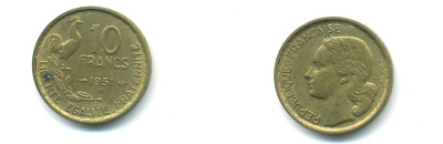 Франция 10 франков 1951 B, петух KM 915.2, Le Franc 363.5 алюминиевая бронза 80-647