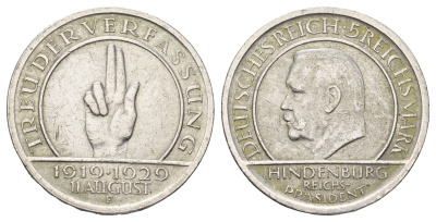 Германия 5 рейхсмарок 1929 F, 10 лет Веймарской конституции KM 64, J. 341 серебро 1519-241