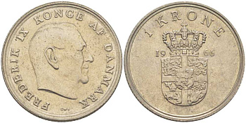 ДАНИЯ 1 КРОНА 1966 C;S, ФРЕДЕРИК IX (1947-1972) KM 851.1 медно-никель 202-813