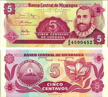 НИКАРАГУА 5 СЕНТАВО 1991 ФРАНСИСКО ЭРНАНДЕС де КОДОБА Pick 168 бумага UNC (ПРЕСС) 7548-95-1-2