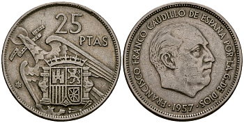 Испания 25 песет 1957 Франсиско Франко (1939-1975) KM 787 медно-никель 4165-943
