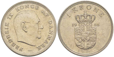 ДАНИЯ 1 КРОНА 1966 C;S, ФРЕДЕРИК IX (1947-1972) KM 851.1 медно-никель 202-813