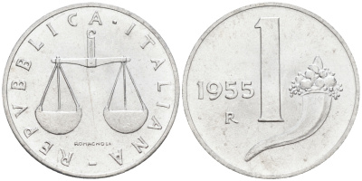 Италия 1 лира 1955 R, весы KM 91 алюминий  UNC  4594-644