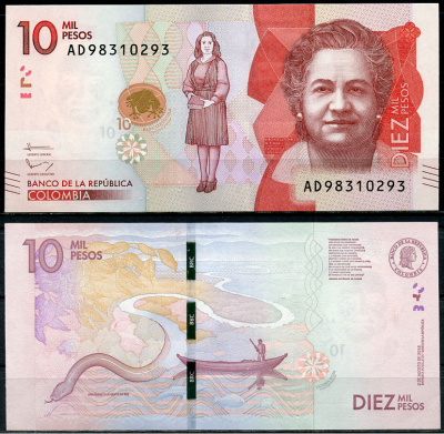 Колумбия 10000 песо 2016 Поликарпа Салавариета Риос, змеи и человек на реке Pick 453  бумага  UNC (пресс) 7203-2-2-1