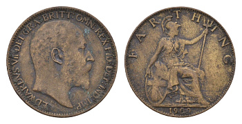 Великобритания 1 фартинг 1909 Эдуард VII (1901-1910) KM 792, Spink 3992 бронза 4697-843