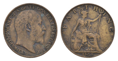 Великобритания 1 фартинг 1909 Эдуард VII (1901-1910) KM 792, Spink 3992 бронза 4697-843