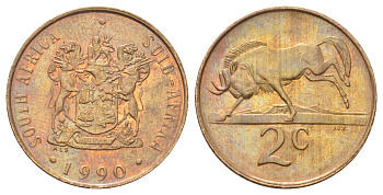 ЮАР 2 цента 1990 герб, антилопа гну KM 83 бронза UNC 4695-1055