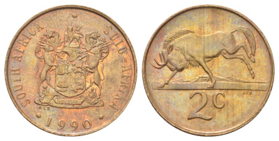 ЮАР 2 цента 1990 герб, антилопа гну KM 83 бронза UNC 4695-1055
