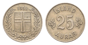Исландия 25 эйре 1951 KM 11 медно-никель 4690-567