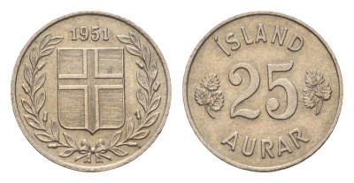 Исландия 25 эйре 1951 KM 11 медно-никель 4690-567