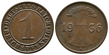 Германия 1 рейхспфенниг 1936 A KM 37, J. 313 бронза 220-157