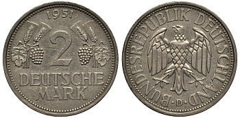 ФРГ 2 марки 1951 D J 386, KM 111 медно-никель плакированный никелем 413-6523