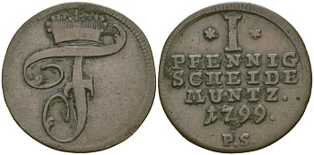 Вальдек-Пирмонт 1 пфенниг 1799 PS KM 42 медь 99-814