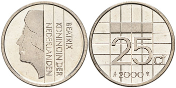 Нидерланды 25 центов 2000 Беатрикс (1980-2013) KM 204 никель UNC 4588-941