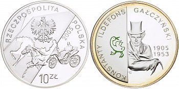 Польша 10 злотых 2005 MW, Константы Ильдефонс Галчиньский, поэт, гусь, цветная эмаль KM 537 серебро PROOF 1087-3-55