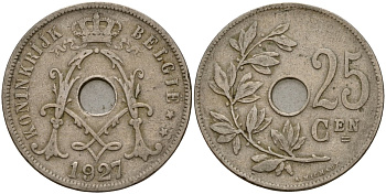 Бельгия 25 сантимов 1927 Belgie KM 69 медно-никель 4159-555