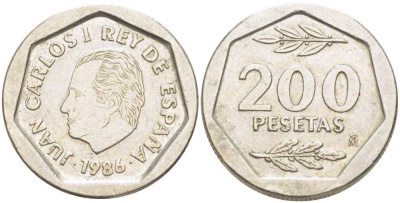 ИСПАНИЯ 200 ПЕСЕТ 1986 ХУАН КАРЛОС I (1975-) KM 829 медно-никель 213-225