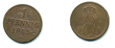 Ганновер 1 пфенниг 1845 B, Эрнст Август (1837-1851) KM 201.1, AKS 129, J. 74 медь 35-759
