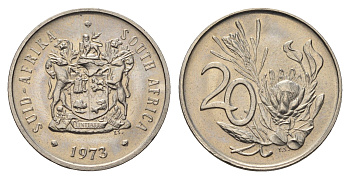 ЮАР 20 центов 1973 герб, цветок протея, редкий год KM 86 никель UNC 4693-315