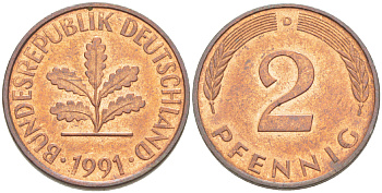 ФРГ 2 ПФЕННИГА 1991 D KM 106а, J. 381а сталь плакированная сталь плакированная медьюю 4181-856