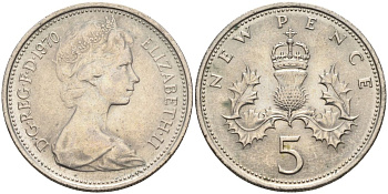 Великобритания 5 пенсов 1970 Елизавета II (1952-2022) KM 911, Spink 4233 (D1) медно-никель 4116-755