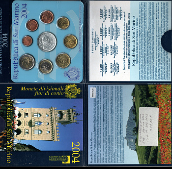 Сан-Марино годовой набор из 9 монет (1, 2, 5, 10, 20 и 50 евроцентов; 1, 2 и 5 евро) 2004 в оригинальном буклете, тираж 70.000 экземпляров KM MS64 (440, 441, 442, 443, 444, 445, 446, 447 и 458) BU 8-2-01-35