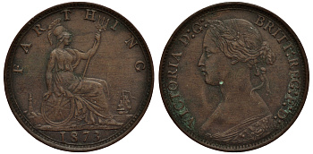 Великобритания 1 фартинг 1873 Виктория (1837-1901) KM 747.2, Spink 3958 бронза 4114-747