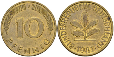 ФРГ 10 пфеннигов 1987 F KM 108, J. 383 сталь плакированная латунью 4163-621