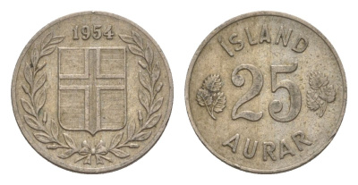 Исландия 25 эйре 1954 KM 11 медно-никель 4632-946