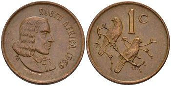 ЮАР 1 цент 1969 Ян ван Рибек (1619-1677), South Africa, легенда на английском, капские воробьи KM 65.1 бронза 66-237