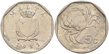 Мальта 5 центов 1991 краб KM 95 медно-никель 4387-1022