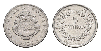 Коста-Рика 5 сентимо 1953 KM 184.1a нержавеющая сталь UNC 4636-158