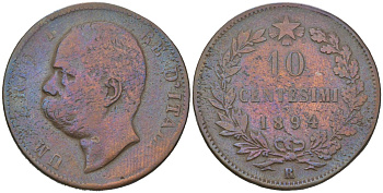 Италия 10 чентезимо 1894 R, Умберто I (1878-1900) KM 27 медь 4599-1113