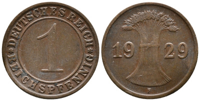 ГЕРМАНИЯ 1 РЕЙХСПФЕННИГ 1929 F KM 37, J. 313 бронза 39-1011