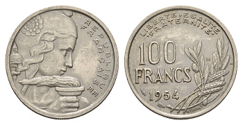 Франция 100 франков 1954 KM 919 медно-никель 4543-615