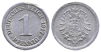 Германия 1 пфенниг 1917 A KM 24, J. 300, Weege 2 алюминий 4380-129