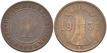 ГЕРМАНИЯ 1 РЕЙХСПФЕННИГ 1931 E KM 37, J. 313, Weege 2 бронза 206-835